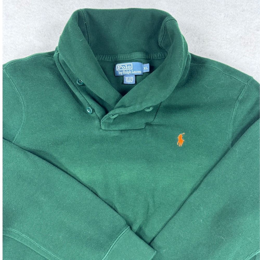 Polo Ralph Lauren VTG Shawl Collar Sweatshirt Mens XL Green Orange Pony Cotton